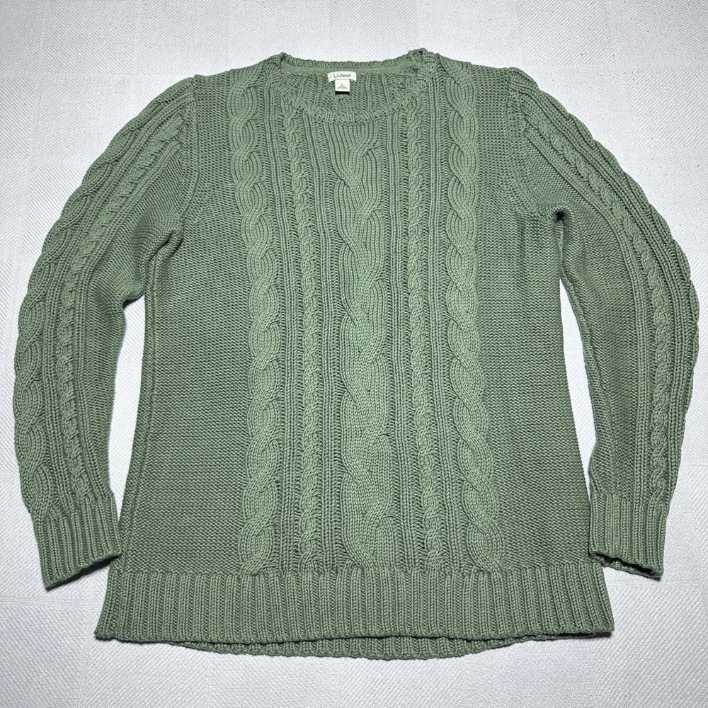 LL Bean Cable Knit Sweater‎ Womens Large Tall Green Cotton Fishermans Classic